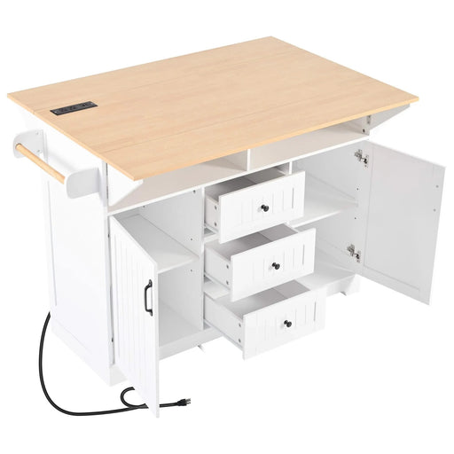 K&K 55.7'' Large Kitchen Island with 2 Drop Leaf,, Rolling Kitchen Cart on 5 Wheels with Power Outlet, Folding Storage Dining Table with Spice & Towel Rack , 3 Drawers, for Kitchen, Dining Room,White Default -DTYStore