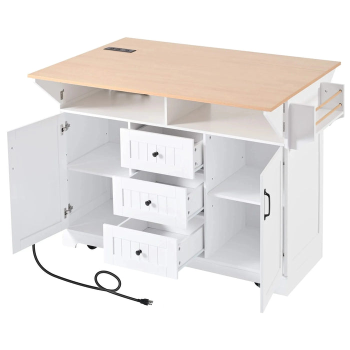K&K 55.7'' Large Kitchen Island with 2 Drop Leaf,, Rolling Kitchen Cart on 5 Wheels with Power Outlet, Folding Storage Dining Table with Spice & Towel Rack , 3 Drawers, for Kitchen, Dining Room,White Default -DTYStore