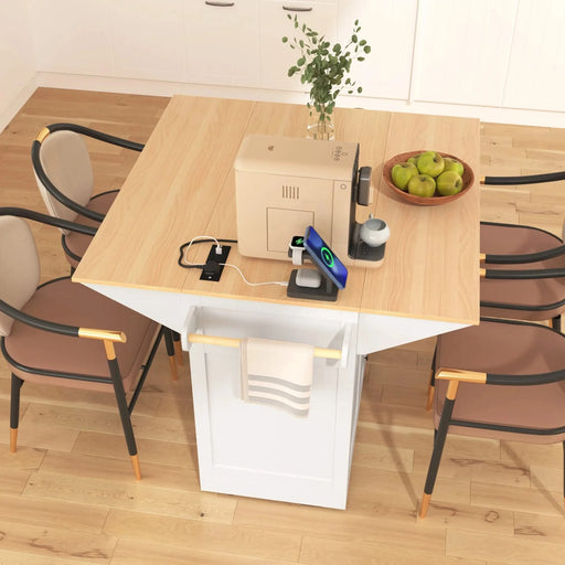 K&K 55.7'' Large Kitchen Island with 2 Drop Leaf,, Rolling Kitchen Cart on 5 Wheels with Power Outlet, Folding Storage Dining Table with Spice & Towel Rack , 3 Drawers, for Kitchen, Dining Room,White Default -DTYStore