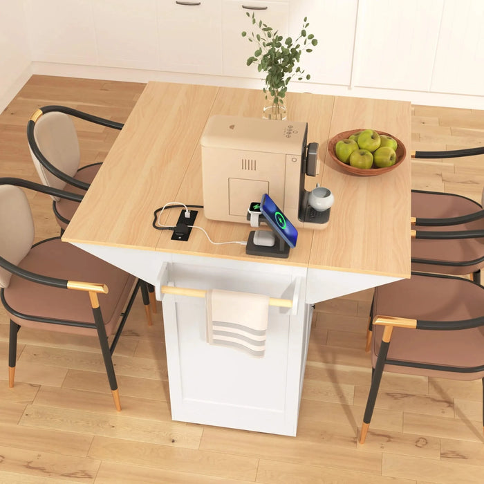 K&K 55.7'' Large Kitchen Island with 2 Drop Leaf,, Rolling Kitchen Cart on 5 Wheels with Power Outlet, Folding Storage Dining Table with Spice & Towel Rack , 3 Drawers, for Kitchen, Dining Room,White Default -DTYStore