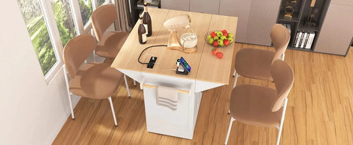 K&K 55.7'' Large Kitchen Island with 2 Drop Leaf,, Rolling Kitchen Cart on 5 Wheels with Power Outlet, Folding Storage Dining Table with Spice & Towel Rack , 3 Drawers, for Kitchen, Dining Room,White Default -DTYStore