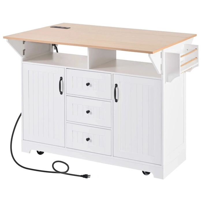 K&K 55.7'' Large Kitchen Island with 2 Drop Leaf,, Rolling Kitchen Cart on 5 Wheels with Power Outlet, Folding Storage Dining Table with Spice & Towel Rack , 3 Drawers, for Kitchen, Dining Room,White Default -DTYStore