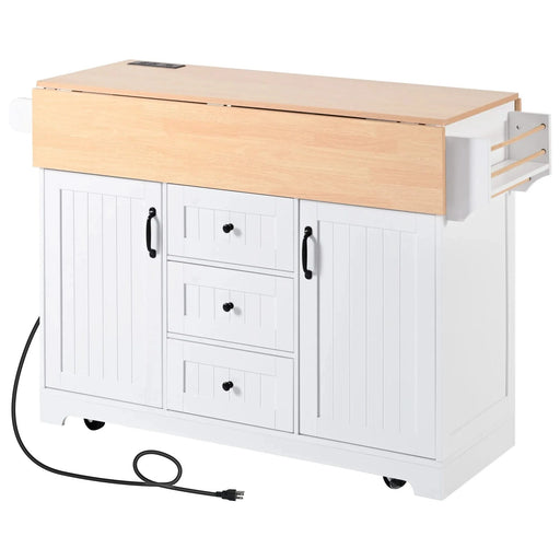 K&K 55.7'' Large Kitchen Island with 2 Drop Leaf,, Rolling Kitchen Cart on 5 Wheels with Power Outlet, Folding Storage Dining Table with Spice & Towel Rack , 3 Drawers, for Kitchen, Dining Room,White Default -DTYStore