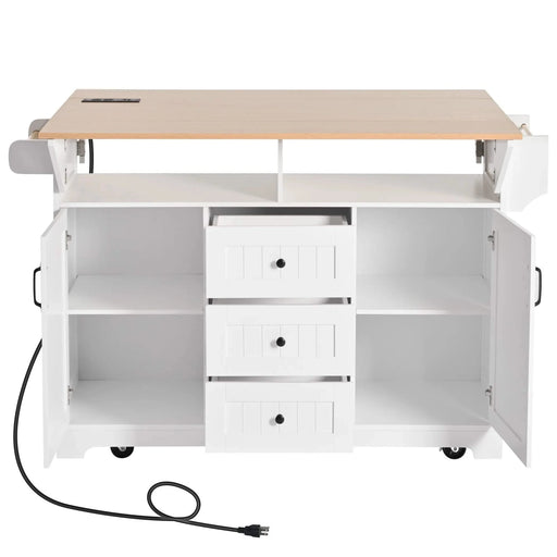 K&K 55.7'' Large Kitchen Island with 2 Drop Leaf,, Rolling Kitchen Cart on 5 Wheels with Power Outlet, Folding Storage Dining Table with Spice & Towel Rack , 3 Drawers, for Kitchen, Dining Room,White Default -DTYStore