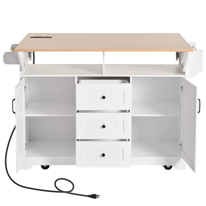 K&K 55.7'' Large Kitchen Island with 2 Drop Leaf,, Rolling Kitchen Cart on 5 Wheels with Power Outlet, Folding Storage Dining Table with Spice & Towel Rack , 3 Drawers, for Kitchen, Dining Room,White Default -DTYStore
