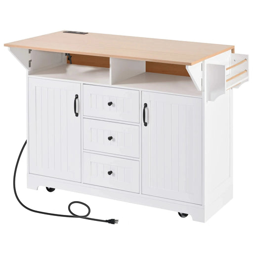 K&K 55.7'' Large Kitchen Island with 2 Drop Leaf,, Rolling Kitchen Cart on 5 Wheels with Power Outlet, Folding Storage Dining Table with Spice & Towel Rack , 3 Drawers, for Kitchen, Dining Room,White Default -DTYStore