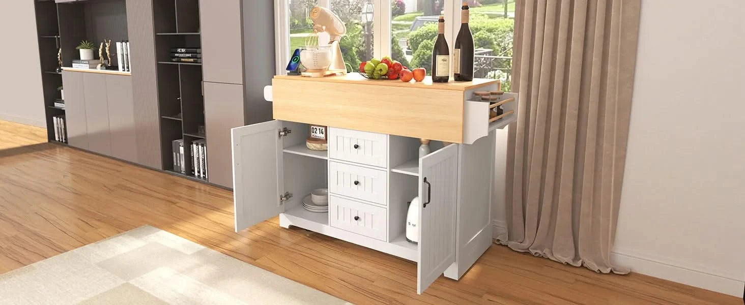 K&K 55.7'' Large Kitchen Island with 2 Drop Leaf,, Rolling Kitchen Cart on 5 Wheels with Power Outlet, Folding Storage Dining Table with Spice & Towel Rack , 3 Drawers, for Kitchen, Dining Room,White Default -DTYStore