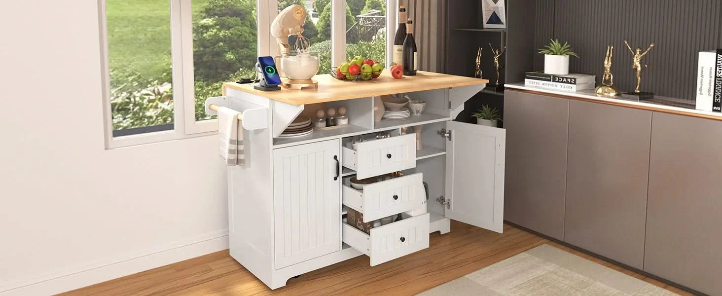 K&K 55.7'' Large Kitchen Island with 2 Drop Leaf,, Rolling Kitchen Cart on 5 Wheels with Power Outlet, Folding Storage Dining Table with Spice & Towel Rack , 3 Drawers, for Kitchen, Dining Room,White Default -DTYStore