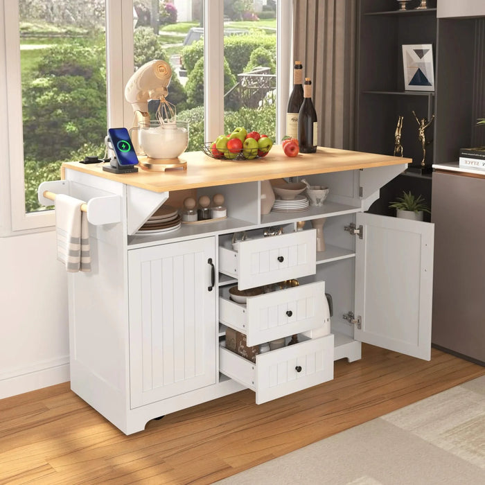 K&K 55.7'' Large Kitchen Island with 2 Drop Leaf,, Rolling Kitchen Cart on 5 Wheels with Power Outlet, Folding Storage Dining Table with Spice & Towel Rack , 3 Drawers, for Kitchen, Dining Room,White Default -DTYStore