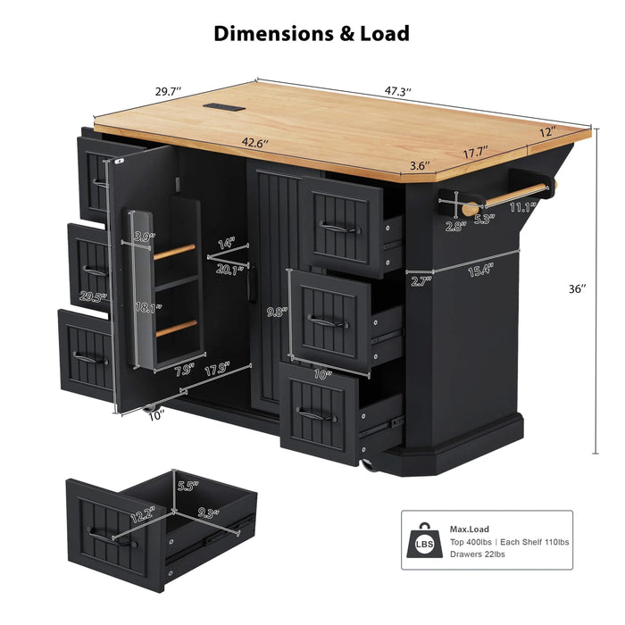 K&K 56 inch Kitchen Island with Rubber Wood Veneer Drop Leaf, Power Outlet, 4 Door Shelves, Embossed Vertical Stripe Rolling Kitchen Cart on 4 Wheels with 6 Deep Drawers for Kitchen, Dining Room,Black Default -DTYStore
