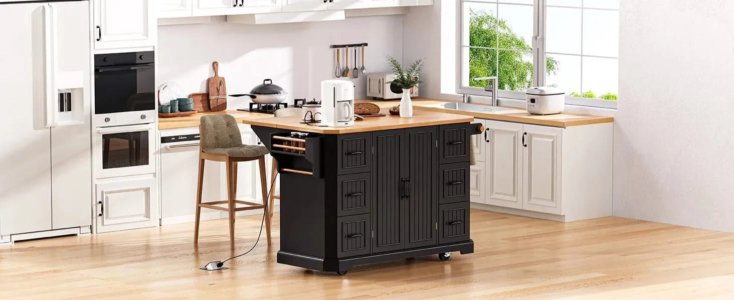 K&K 56 inch Kitchen Island with Rubber Wood Veneer Drop Leaf, Power Outlet, 4 Door Shelves, Embossed Vertical Stripe Rolling Kitchen Cart on 4 Wheels with 6 Deep Drawers for Kitchen, Dining Room,Black Default -DTYStore