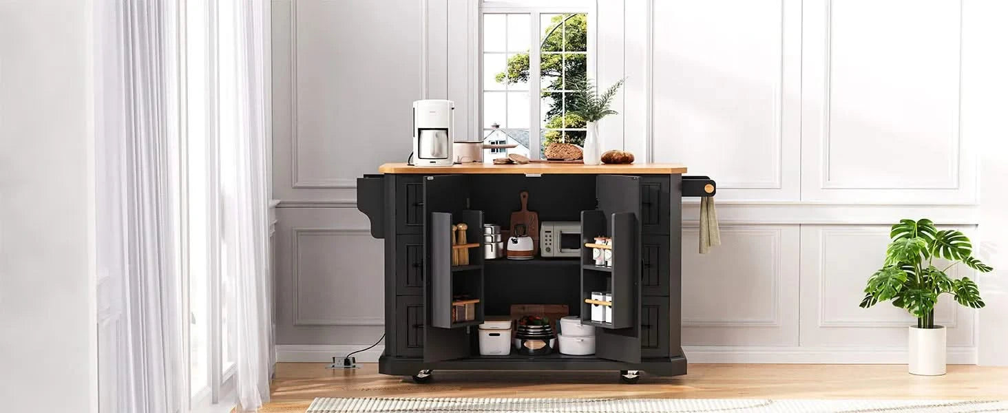 K&K 56 inch Kitchen Island with Rubber Wood Veneer Drop Leaf, Power Outlet, 4 Door Shelves, Embossed Vertical Stripe Rolling Kitchen Cart on 4 Wheels with 6 Deep Drawers for Kitchen, Dining Room,Black Default -DTYStore