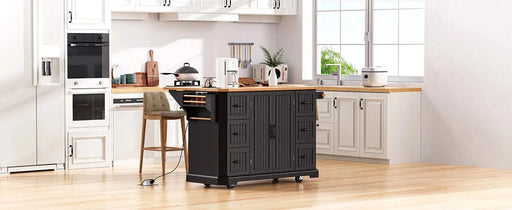 K&K 56 inch Kitchen Island with Rubber Wood Veneer Drop Leaf, Power Outlet, 4 Door Shelves, Embossed Vertical Stripe Rolling Kitchen Cart on 4 Wheels with 6 Deep Drawers for Kitchen, Dining Room,Black Default -DTYStore