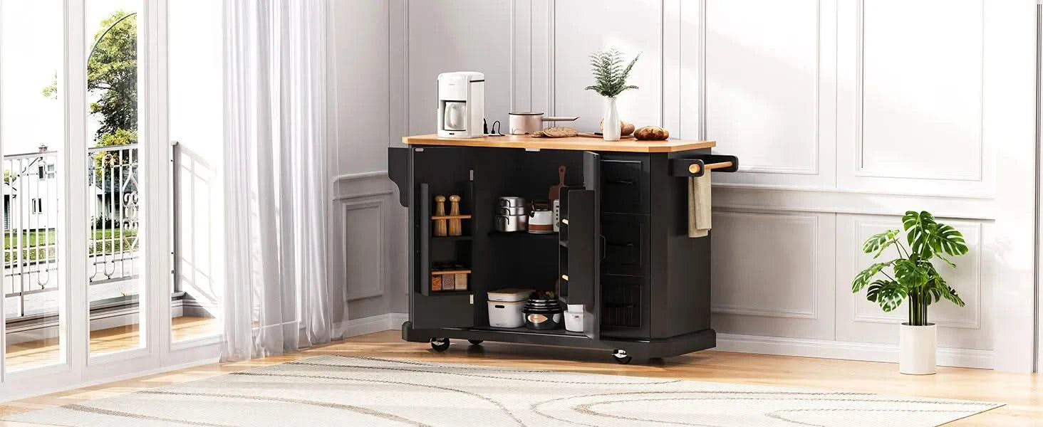 K&K 56 inch Kitchen Island with Rubber Wood Veneer Drop Leaf, Power Outlet, 4 Door Shelves, Embossed Vertical Stripe Rolling Kitchen Cart on 4 Wheels with 6 Deep Drawers for Kitchen, Dining Room,Black Default -DTYStore