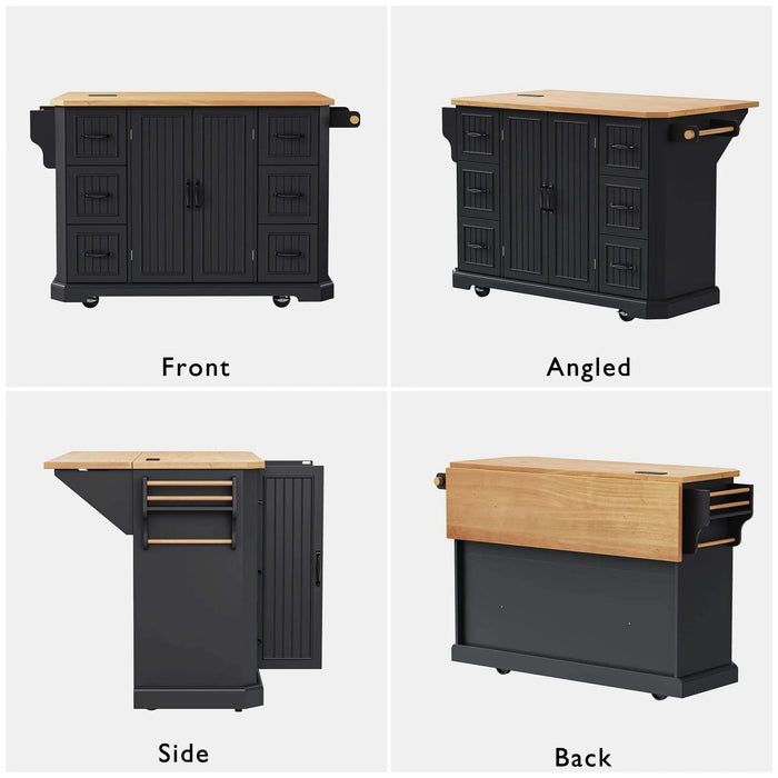 K&K 56 inch Kitchen Island with Rubber Wood Veneer Drop Leaf, Power Outlet, 4 Door Shelves, Embossed Vertical Stripe Rolling Kitchen Cart on 4 Wheels with 6 Deep Drawers for Kitchen, Dining Room,Black Default -DTYStore