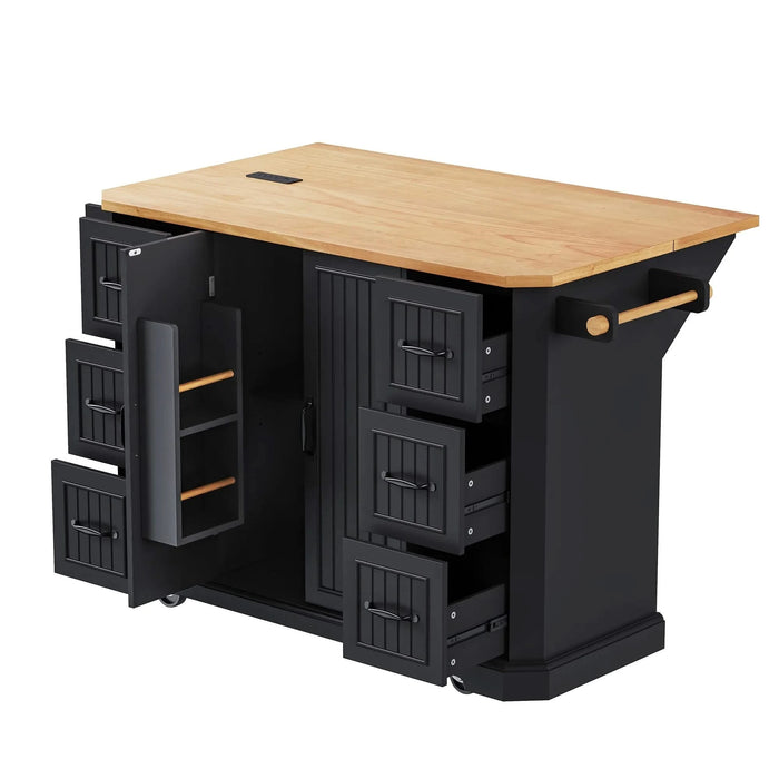 K&K 56 inch Kitchen Island with Rubber Wood Veneer Drop Leaf, Power Outlet, 4 Door Shelves, Embossed Vertical Stripe Rolling Kitchen Cart on 4 Wheels with 6 Deep Drawers for Kitchen, Dining Room,Black Default -DTYStore