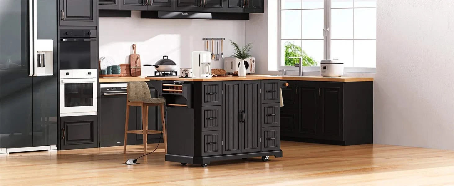 K&K 56 inch Kitchen Island with Rubber Wood Veneer Drop Leaf, Power Outlet, 4 Door Shelves, Embossed Vertical Stripe Rolling Kitchen Cart on 4 Wheels with 6 Deep Drawers for Kitchen, Dining Room,Black Default -DTYStore