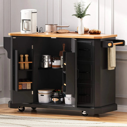 K&K 56 inch Kitchen Island with Rubber Wood Veneer Drop Leaf, Power Outlet, 4 Door Shelves, Embossed Vertical Stripe Rolling Kitchen Cart on 4 Wheels with 6 Deep Drawers for Kitchen, Dining Room,Black Default -DTYStore