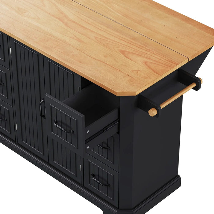 K&K 56 inch Kitchen Island with Rubber Wood Veneer Drop Leaf, Power Outlet, 4 Door Shelves, Embossed Vertical Stripe Rolling Kitchen Cart on 4 Wheels with 6 Deep Drawers for Kitchen, Dining Room,Black Default -DTYStore