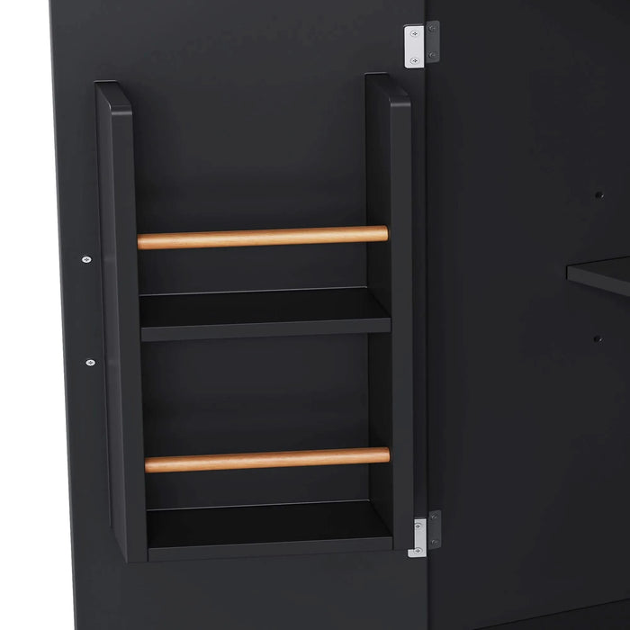 K&K 56 inch Kitchen Island with Rubber Wood Veneer Drop Leaf, Power Outlet, 4 Door Shelves, Embossed Vertical Stripe Rolling Kitchen Cart on 4 Wheels with 6 Deep Drawers for Kitchen, Dining Room,Black Default -DTYStore