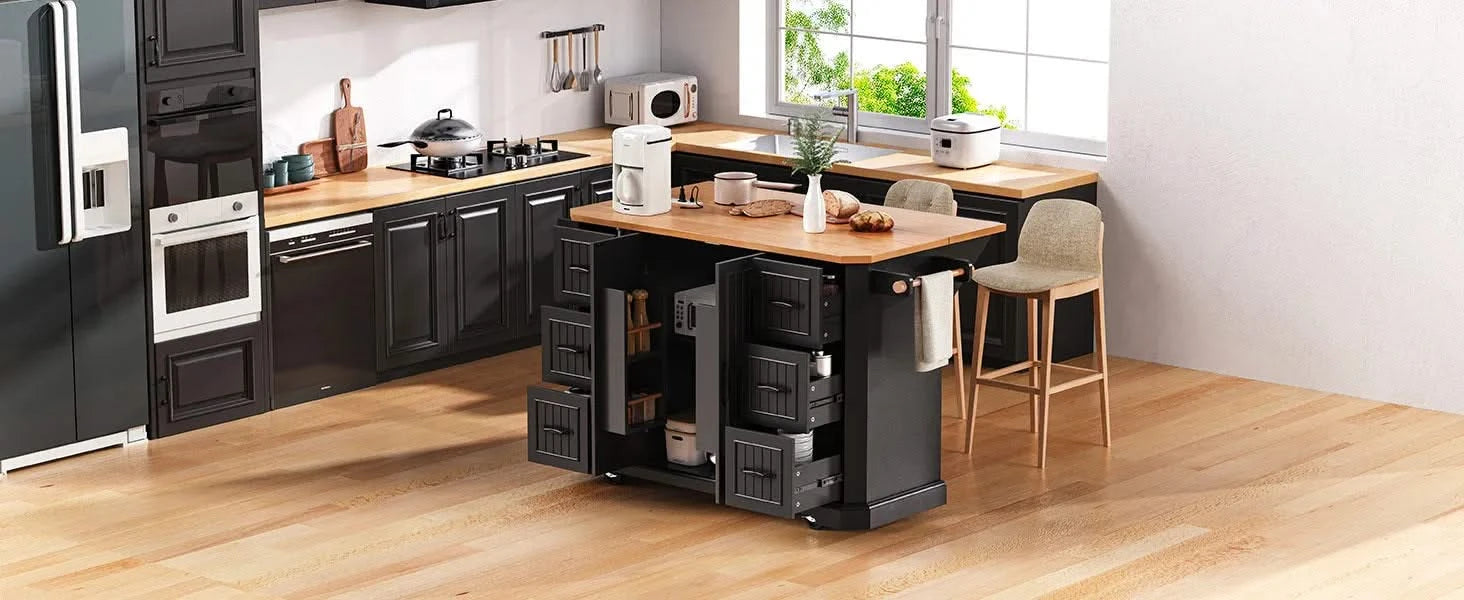 K&K 56 inch Kitchen Island with Rubber Wood Veneer Drop Leaf, Power Outlet, 4 Door Shelves, Embossed Vertical Stripe Rolling Kitchen Cart on 4 Wheels with 6 Deep Drawers for Kitchen, Dining Room,Black Default -DTYStore