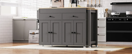K&K 74.5 inch Kitchen Island with Extendable Dining Table , Rolling Kitchen Island on Wheels with Spice Rack and 2 Drawers, Kitchen Storage Cart with 4 Door Cabinet, for Kitchen, Dining Room, Grey Default -DTYStore