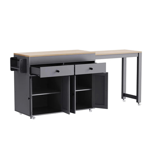 K&K 74.5 inch Kitchen Island with Extendable Dining Table , Rolling Kitchen Island on Wheels with Spice Rack and 2 Drawers, Kitchen Storage Cart with 4 Door Cabinet, for Kitchen, Dining Room, Grey Default -DTYStore