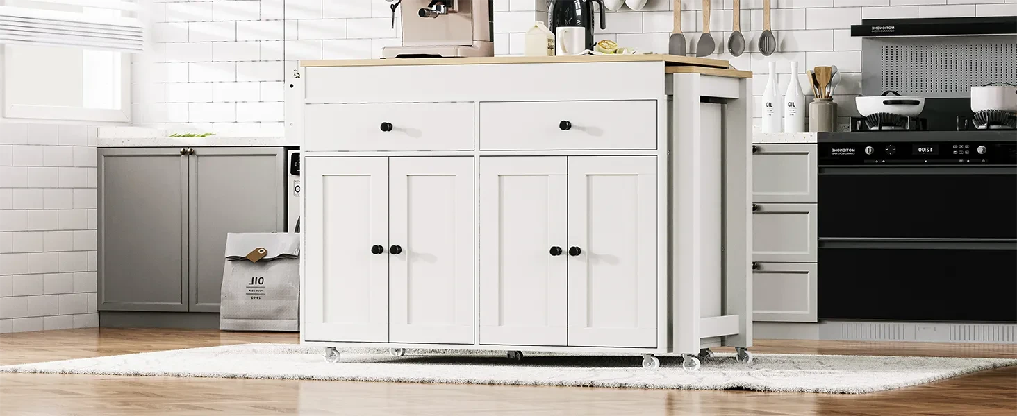 K&K 74.5 inch Kitchen Island with Extendable Dining Table , Rolling Kitchen Island on Wheels with Spice Rack and 2 Drawers, Kitchen Storage Cart with 4 Door Cabinet, for Kitchen, Dining Room, White Default -DTYStore