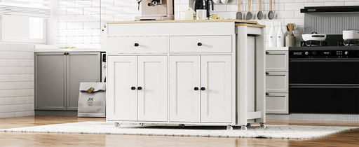 K&K 74.5 inch Kitchen Island with Extendable Dining Table , Rolling Kitchen Island on Wheels with Spice Rack and 2 Drawers, Kitchen Storage Cart with 4 Door Cabinet, for Kitchen, Dining Room, White Default -DTYStore