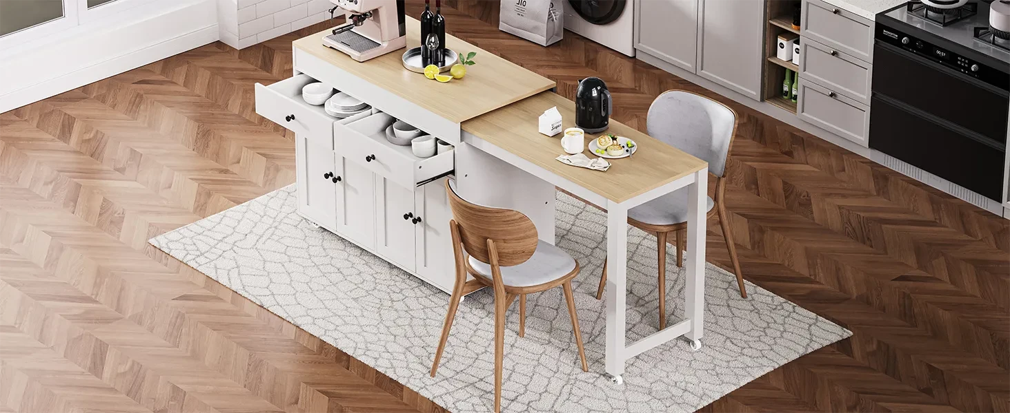 K&K 74.5 inch Kitchen Island with Extendable Dining Table , Rolling Kitchen Island on Wheels with Spice Rack and 2 Drawers, Kitchen Storage Cart with 4 Door Cabinet, for Kitchen, Dining Room, White Default -DTYStore