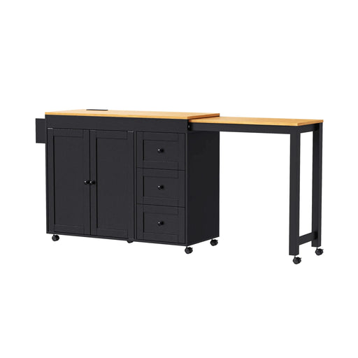 K&K 74.8' Kitchen Island with Extendable Dining Table, Kitchen Storage Cart with 3 Drawers, Power Outlet, Rolling Kitchen Island on Wheels with Spice Rack and 2 Door Cabinet, for Kitchen, Black Default -DTYStore