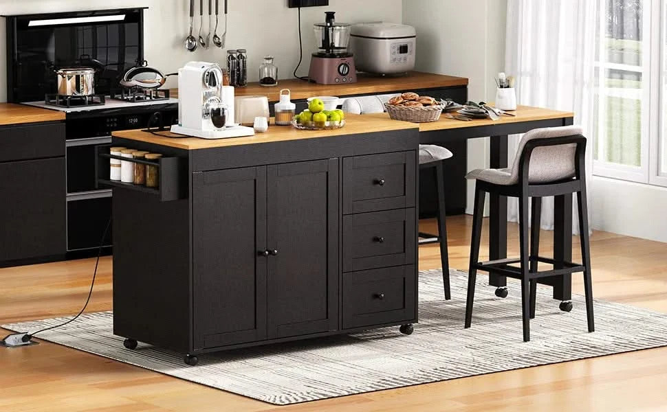 K&K 74.8' Kitchen Island with Extendable Dining Table, Kitchen Storage Cart with 3 Drawers, Power Outlet, Rolling Kitchen Island on Wheels with Spice Rack and 2 Door Cabinet, for Kitchen, Black Default -DTYStore