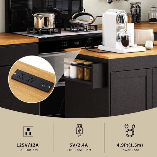 K&K 74.8' Kitchen Island with Extendable Dining Table, Kitchen Storage Cart with 3 Drawers, Power Outlet, Rolling Kitchen Island on Wheels with Spice Rack and 2 Door Cabinet, for Kitchen, Black Default -DTYStore