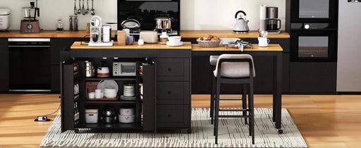 K&K 74.8' Kitchen Island with Extendable Dining Table, Kitchen Storage Cart with 3 Drawers, Power Outlet, Rolling Kitchen Island on Wheels with Spice Rack and 2 Door Cabinet, for Kitchen, Black Default -DTYStore