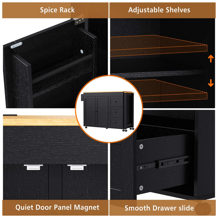 K&K 74.8' Kitchen Island with Extendable Dining Table, Kitchen Storage Cart with 3 Drawers, Power Outlet, Rolling Kitchen Island on Wheels with Spice Rack and 2 Door Cabinet, for Kitchen, Black Default -DTYStore