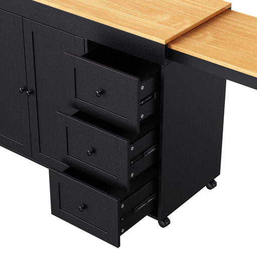 K&K 74.8' Kitchen Island with Extendable Dining Table, Kitchen Storage Cart with 3 Drawers, Power Outlet, Rolling Kitchen Island on Wheels with Spice Rack and 2 Door Cabinet, for Kitchen, Black Default -DTYStore