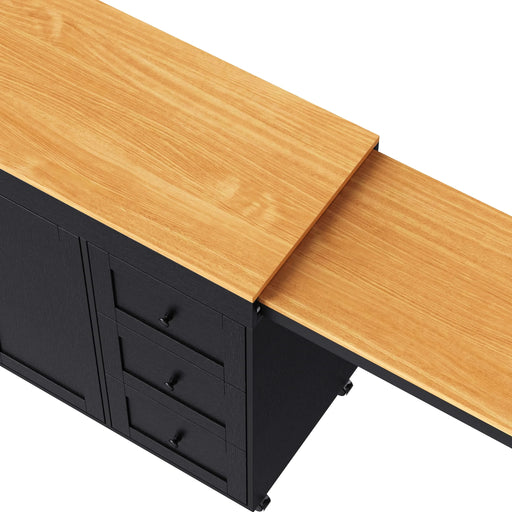 K&K 74.8' Kitchen Island with Extendable Dining Table, Kitchen Storage Cart with 3 Drawers, Power Outlet, Rolling Kitchen Island on Wheels with Spice Rack and 2 Door Cabinet, for Kitchen, Black Default -DTYStore