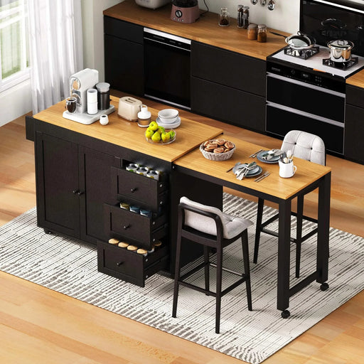 K&K 74.8' Kitchen Island with Extendable Dining Table, Kitchen Storage Cart with 3 Drawers, Power Outlet, Rolling Kitchen Island on Wheels with Spice Rack and 2 Door Cabinet, for Kitchen, Black Default -DTYStore