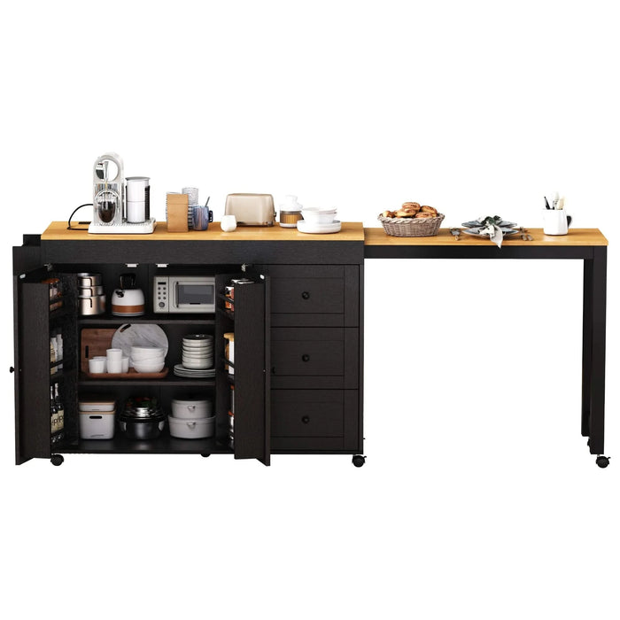 K&K 74.8' Kitchen Island with Extendable Dining Table, Kitchen Storage Cart with 3 Drawers, Power Outlet, Rolling Kitchen Island on Wheels with Spice Rack and 2 Door Cabinet, for Kitchen, Black Default -DTYStore