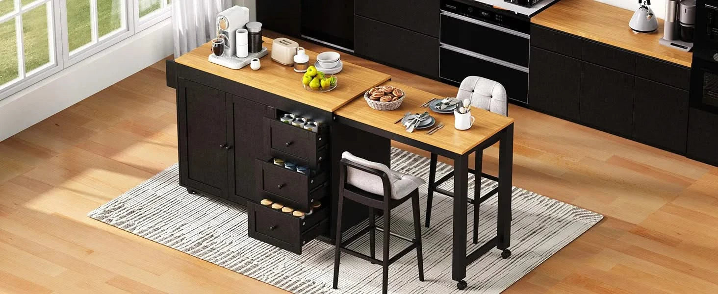 K&K 74.8' Kitchen Island with Extendable Dining Table, Kitchen Storage Cart with 3 Drawers, Power Outlet, Rolling Kitchen Island on Wheels with Spice Rack and 2 Door Cabinet, for Kitchen, Black Default -DTYStore