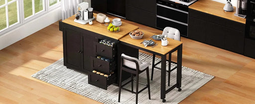 K&K 74.8' Kitchen Island with Extendable Dining Table, Kitchen Storage Cart with 3 Drawers, Power Outlet, Rolling Kitchen Island on Wheels with Spice Rack and 2 Door Cabinet, for Kitchen, Black Default -DTYStore