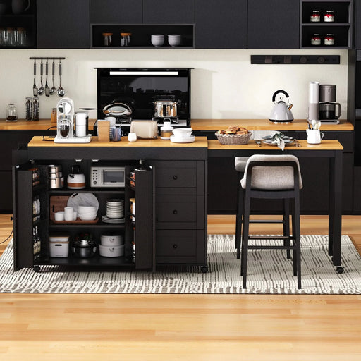 K&K 74.8' Kitchen Island with Extendable Dining Table, Kitchen Storage Cart with 3 Drawers, Power Outlet, Rolling Kitchen Island on Wheels with Spice Rack and 2 Door Cabinet, for Kitchen, Black Default -DTYStore