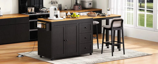 K&K 74.8' Kitchen Island with Extendable Dining Table, Kitchen Storage Cart with 3 Drawers, Power Outlet, Rolling Kitchen Island on Wheels with Spice Rack and 2 Door Cabinet, for Kitchen, Black Default -DTYStore