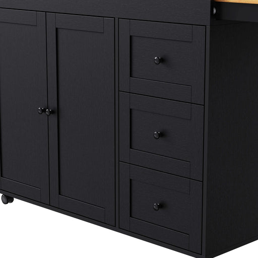 K&K 74.8' Kitchen Island with Extendable Dining Table, Kitchen Storage Cart with 3 Drawers, Power Outlet, Rolling Kitchen Island on Wheels with Spice Rack and 2 Door Cabinet, for Kitchen, Black Default -DTYStore
