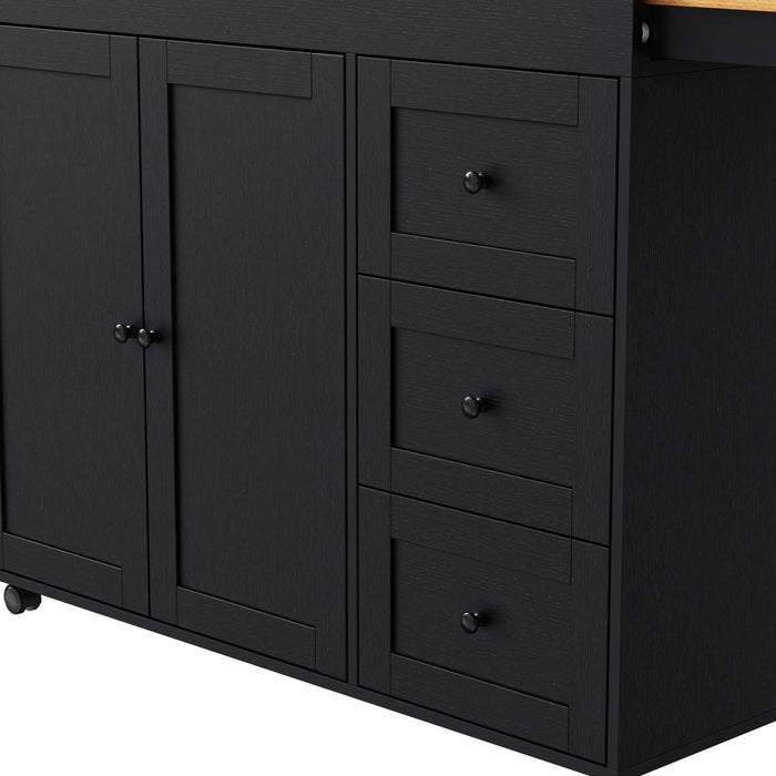 K&K 74.8' Kitchen Island with Extendable Dining Table, Kitchen Storage Cart with 3 Drawers, Power Outlet, Rolling Kitchen Island on Wheels with Spice Rack and 2 Door Cabinet, for Kitchen, Black Default -DTYStore