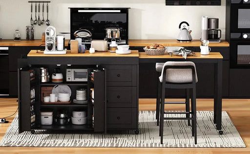 K&K 74.8' Kitchen Island with Extendable Dining Table, Kitchen Storage Cart with 3 Drawers, Power Outlet, Rolling Kitchen Island on Wheels with Spice Rack and 2 Door Cabinet, for Kitchen, Black Default -DTYStore
