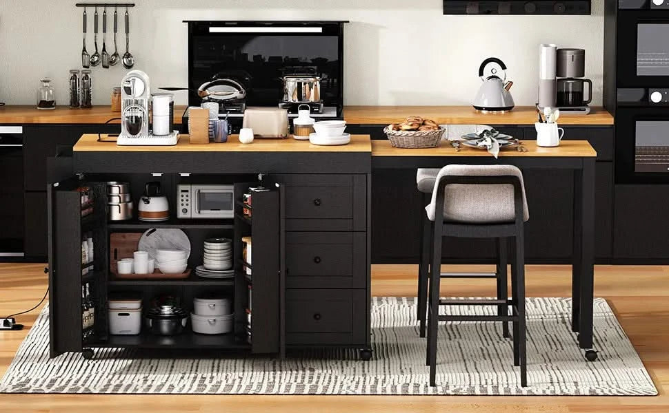 K&K 74.8' Kitchen Island with Extendable Dining Table, Kitchen Storage Cart with 3 Drawers, Power Outlet, Rolling Kitchen Island on Wheels with Spice Rack and 2 Door Cabinet, for Kitchen, Black Default -DTYStore
