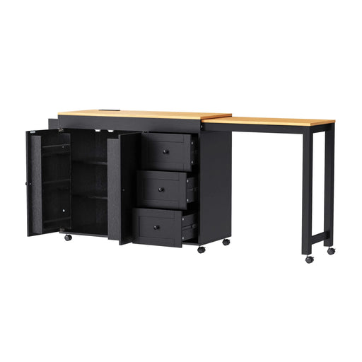 K&K 74.8' Kitchen Island with Extendable Dining Table, Kitchen Storage Cart with 3 Drawers, Power Outlet, Rolling Kitchen Island on Wheels with Spice Rack and 2 Door Cabinet, for Kitchen, Black Default -DTYStore