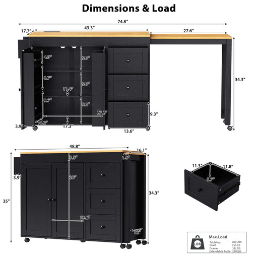 K&K 74.8' Kitchen Island with Extendable Dining Table, Kitchen Storage Cart with 3 Drawers, Power Outlet, Rolling Kitchen Island on Wheels with Spice Rack and 2 Door Cabinet, for Kitchen, Black Default -DTYStore