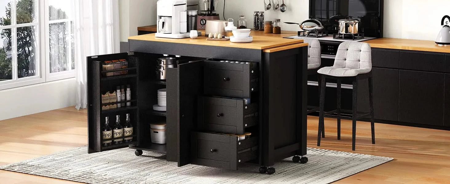 K&K 74.8' Kitchen Island with Extendable Dining Table, Kitchen Storage Cart with 3 Drawers, Power Outlet, Rolling Kitchen Island on Wheels with Spice Rack and 2 Door Cabinet, for Kitchen, Black Default -DTYStore
